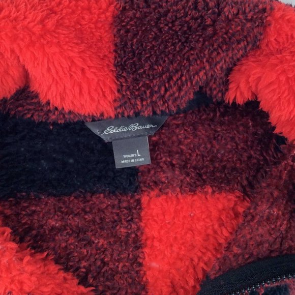 Eddie Bauer 1/4 Zip Fleece Pullover Womens Size Large Buffalo Plaid Red Black - Picture 8 of 9